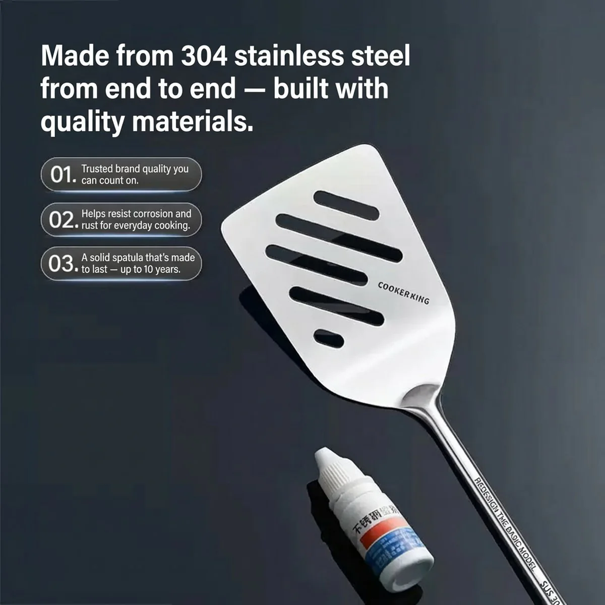 Cooker King 304 Stainless Steel Slotted Turner Spatula – One-Piece Design for Frying & Grilling