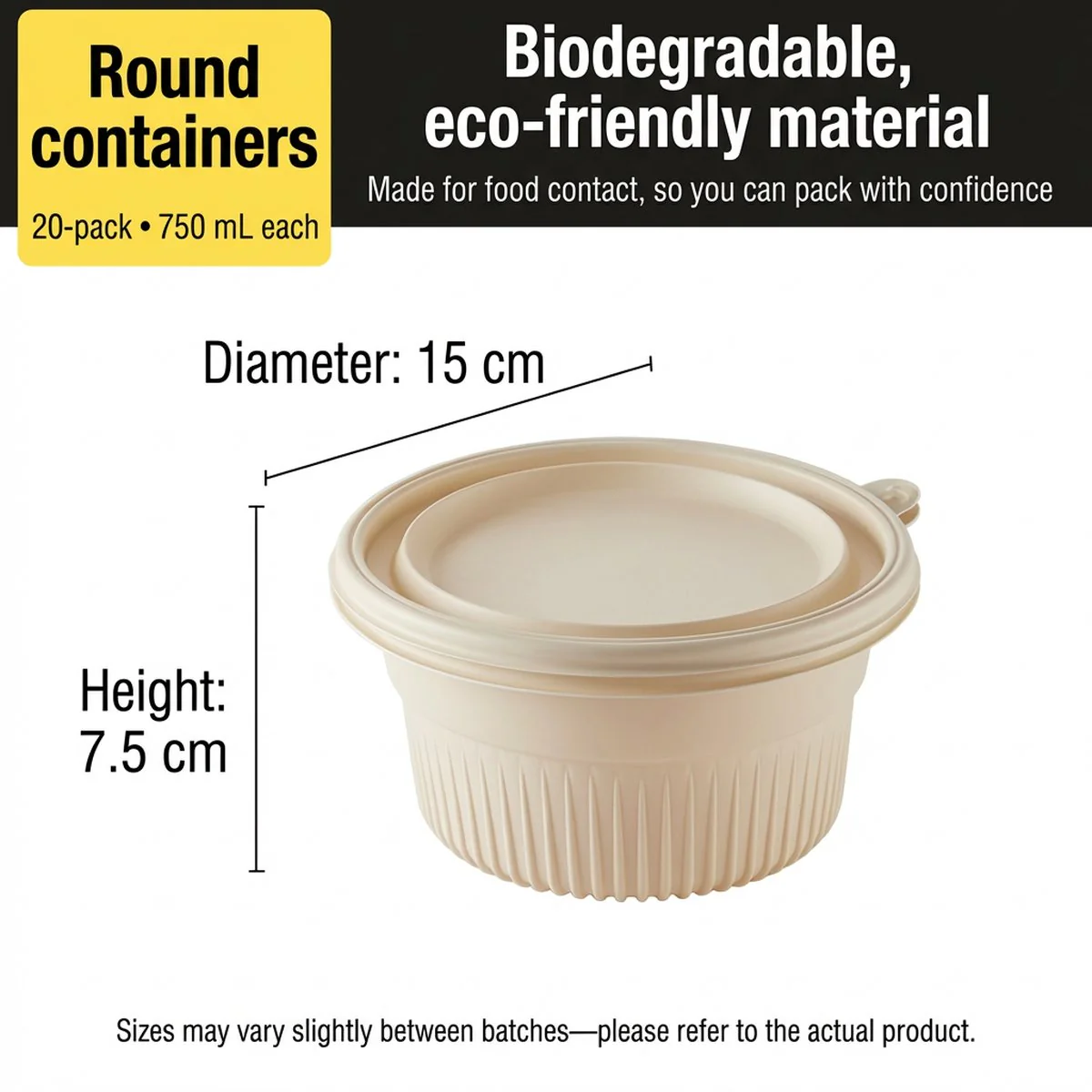 Cooker King Compostable Corn Starch Round Takeaway Bowls with Lids 750 ml – Pack of 20 - Eco-Friendly Disposable Food Containers