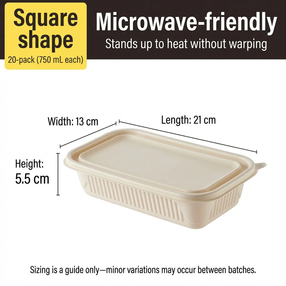 Cooker King Corn Starch Rectangular Food Containers with Lids 750 ml – Pack of 20 (Microwave-Safe) - Takeaway & Meal Prep Containers