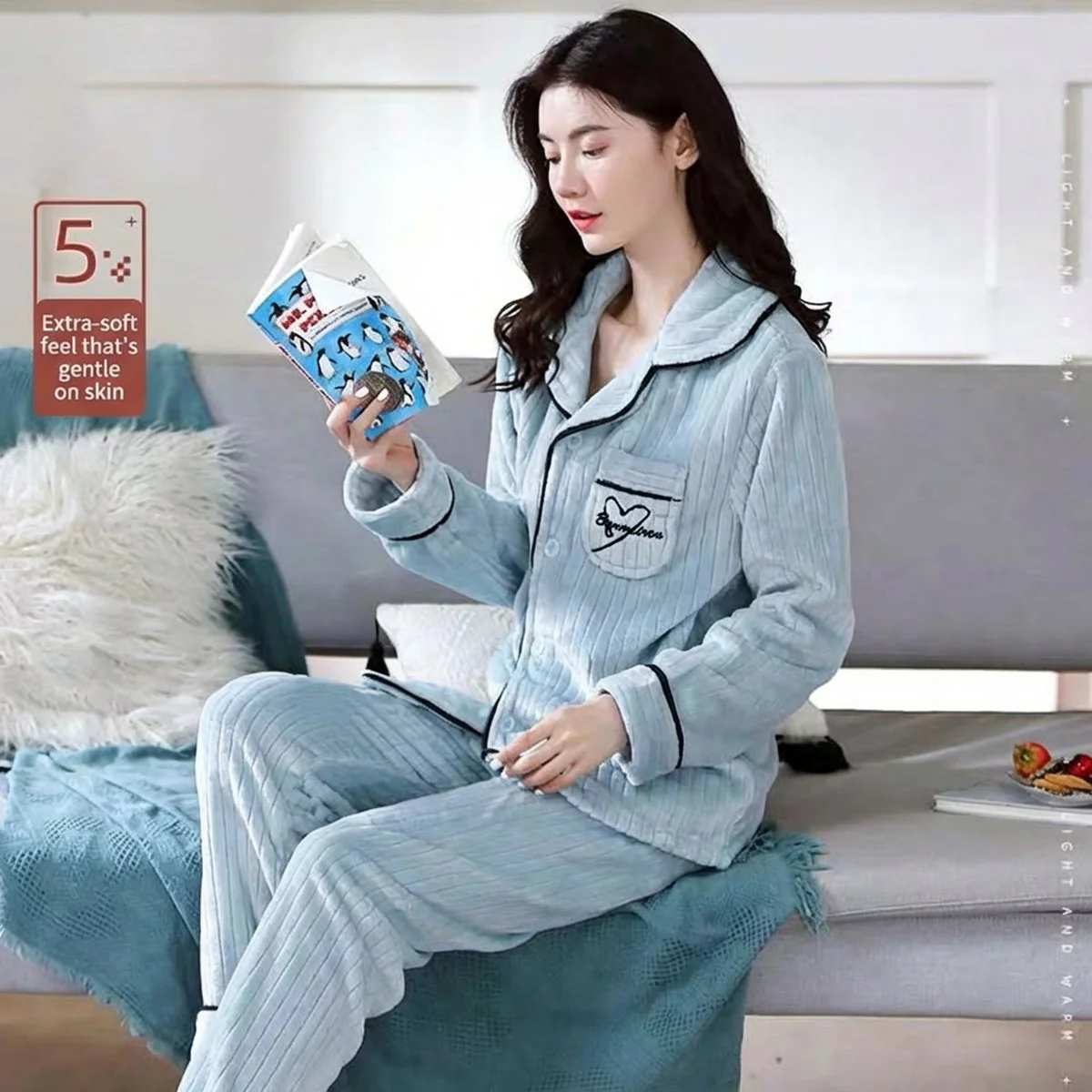 Coral Fleece Thermal Pajama Set – Lake Blue, Unisex, XXL (2-Piece)