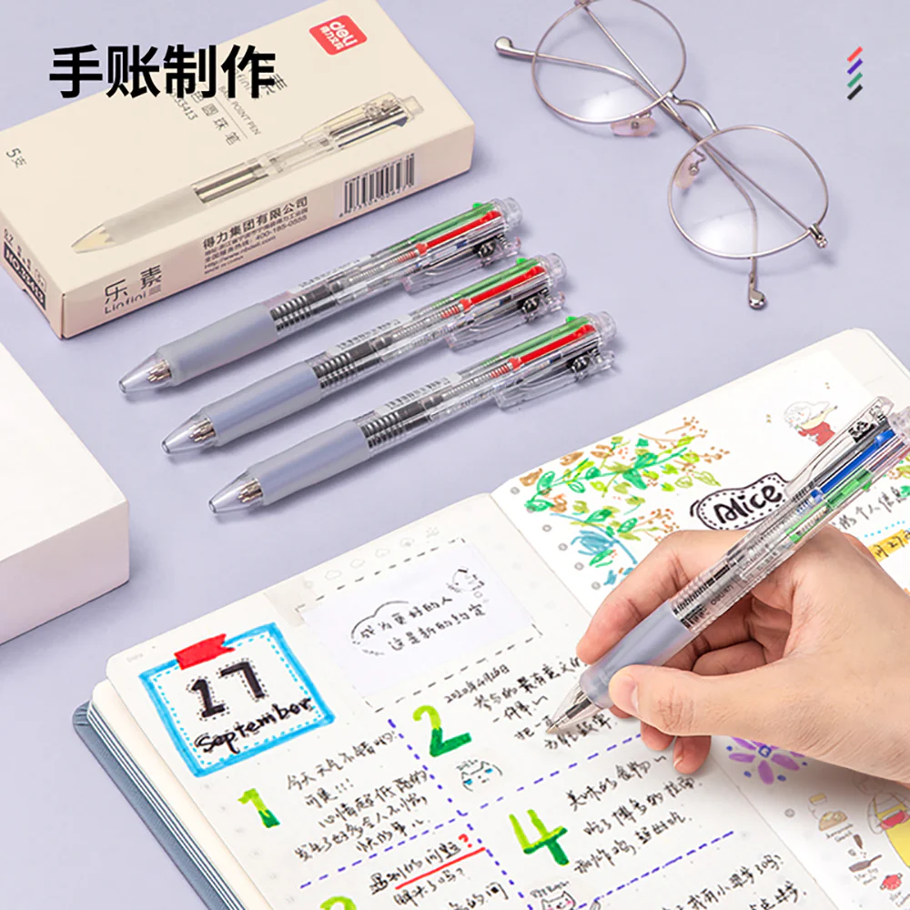 Deli Four-Color Ballpoint Pen - 0.7mm, Mixed Colors, 5-Pack - Image 5