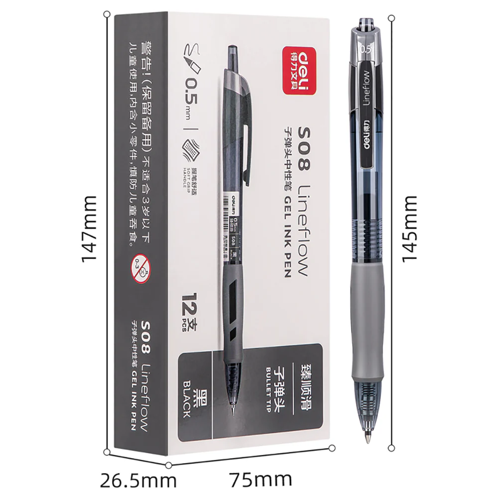 Deli Smooth Gel Ink Pen 0.5mm Bullet Tip - Black, 12 Pieces - Image 3
