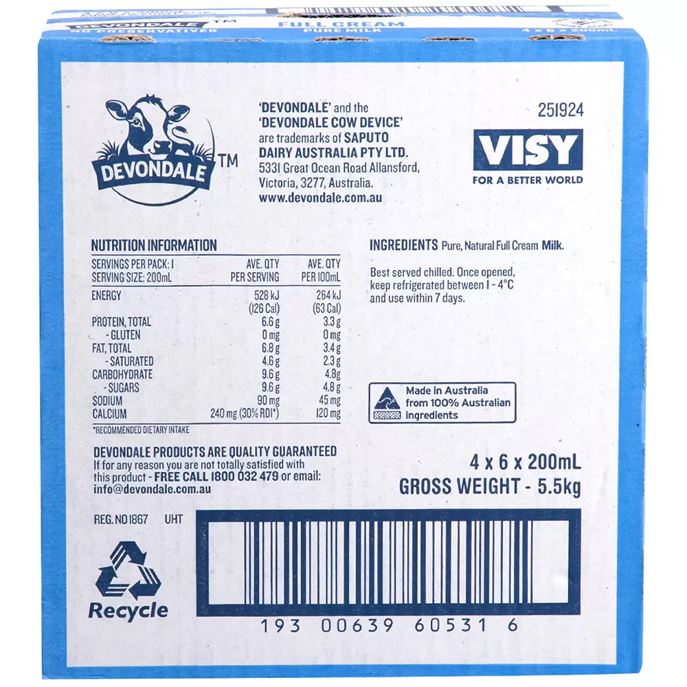 Devondale Full Cream UHT Milk - 24 x 200ml - Image 3