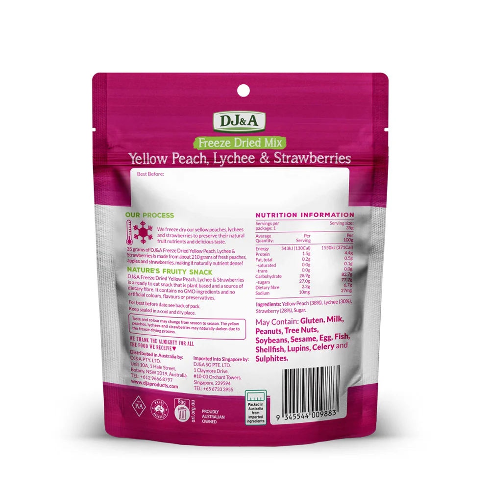 DJ&A Freeze Dried Mix Yellow Peach, Lychee & Strawberries - 35g - Image 2
