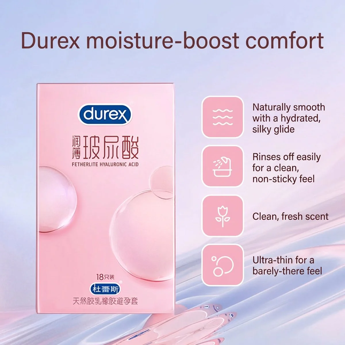 Durex Fetherlite Hyaluronic Acid Ultra Thin Condoms - 18 Pack - Image 3