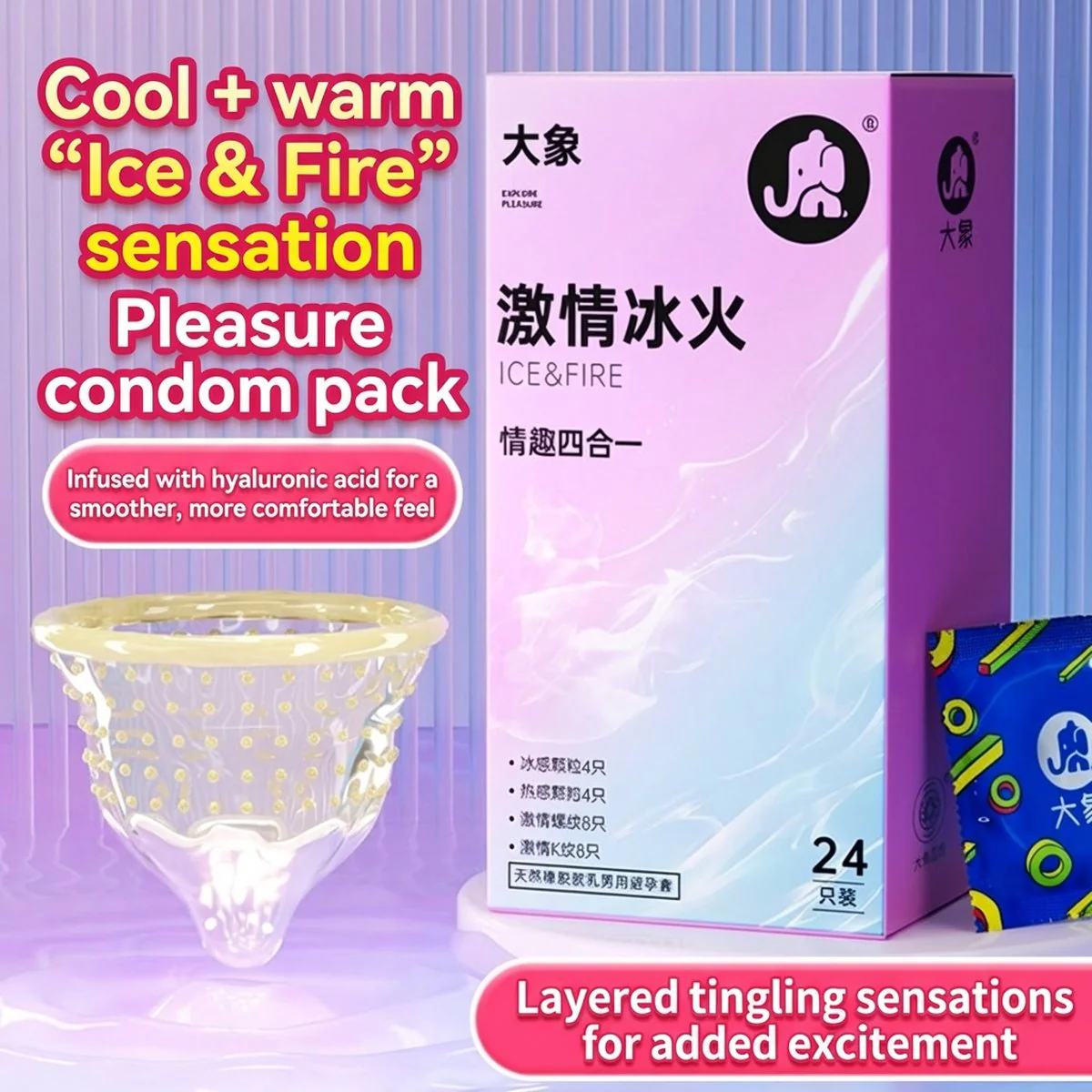 Elephant Ice & Fire 4‑in‑1 Assorted Condoms 24 Pack – Cooling, Warming, Ribbed & Dotted - Image 2
