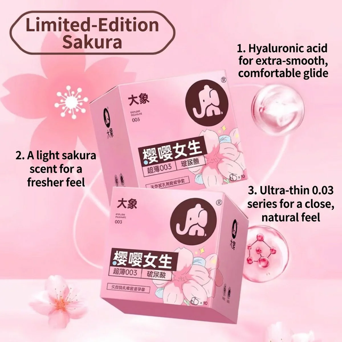 Elephant Sakura Ultra Thin 0.03mm Condoms with Hyaluronic Acid – 10 Pack - Image 2