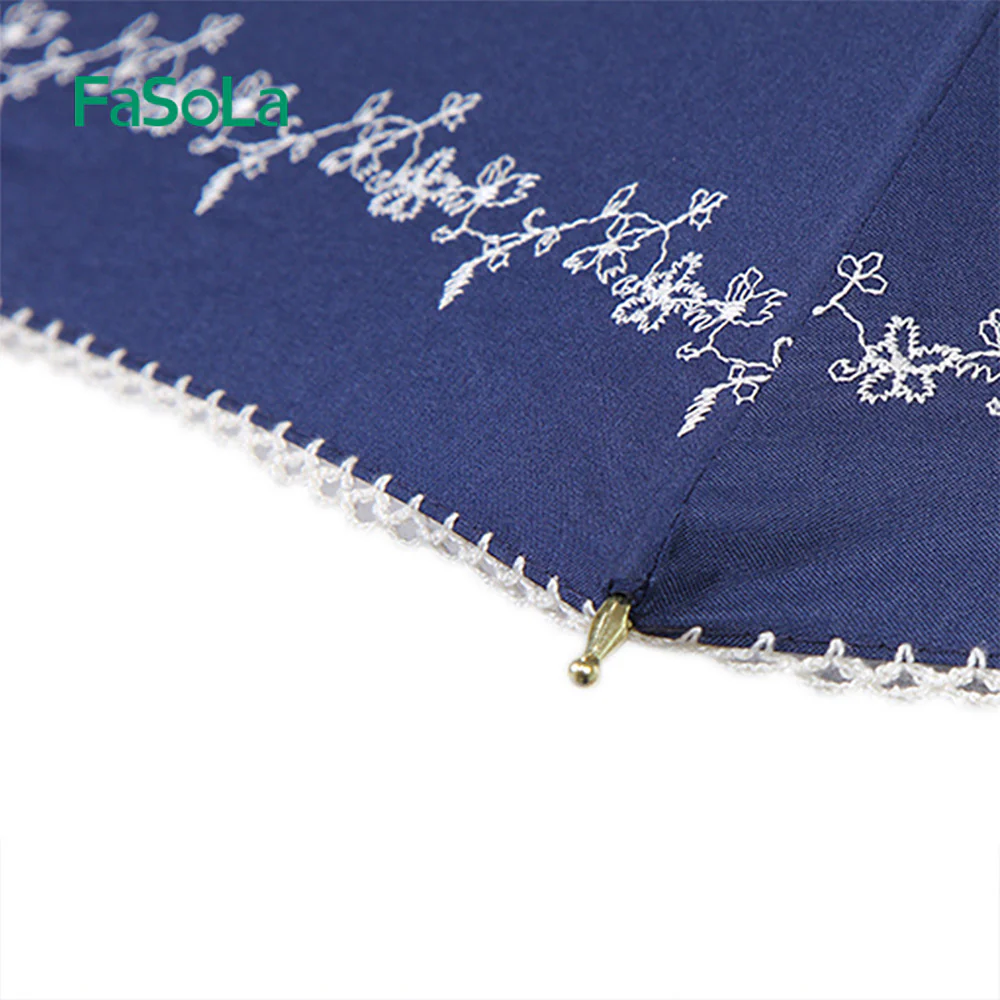 FaSoLa 8K Long Handle Ultra-Light Umbrella - Navy Blue with Embroidery - Image 3