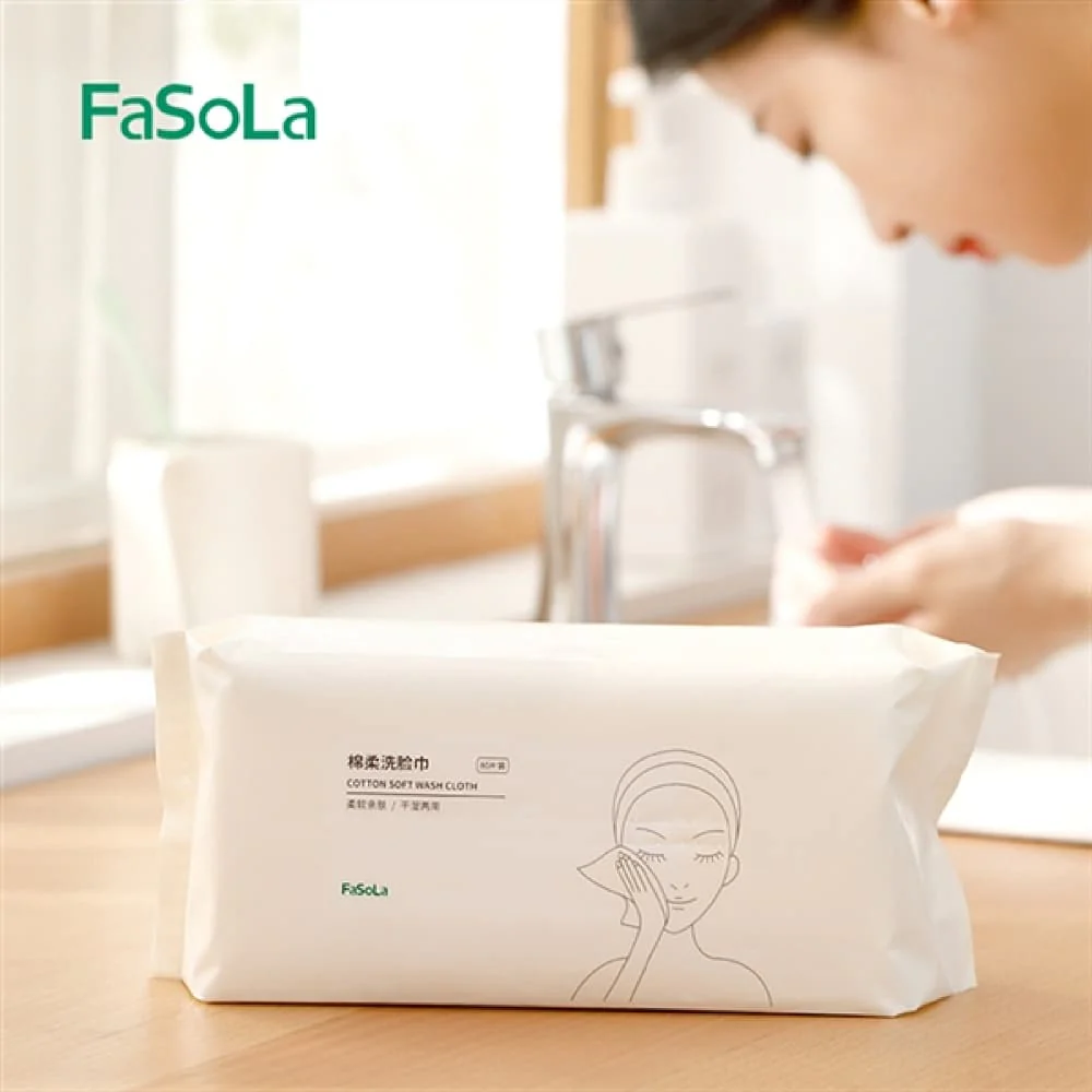 FaSoLa Cotton-Soft Disposable Face Towels, Plain Weave, 20 x 20 cm (80 Sheets) - Dry Wipes for Face Washing & Makeup Removal
