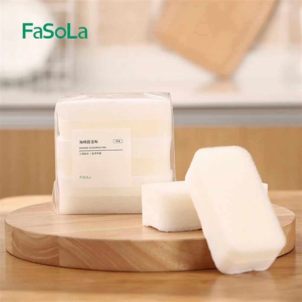 FaSoLa Kitchen Sponge Scouring Pads - White, 3 Pieces, 12*6*4cm - Image 4