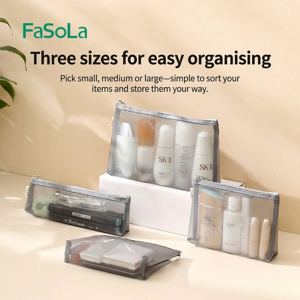 FaSoLa Portable Mini Mesh Makeup Bag - Large, Gray, 21*15cm - Image 3