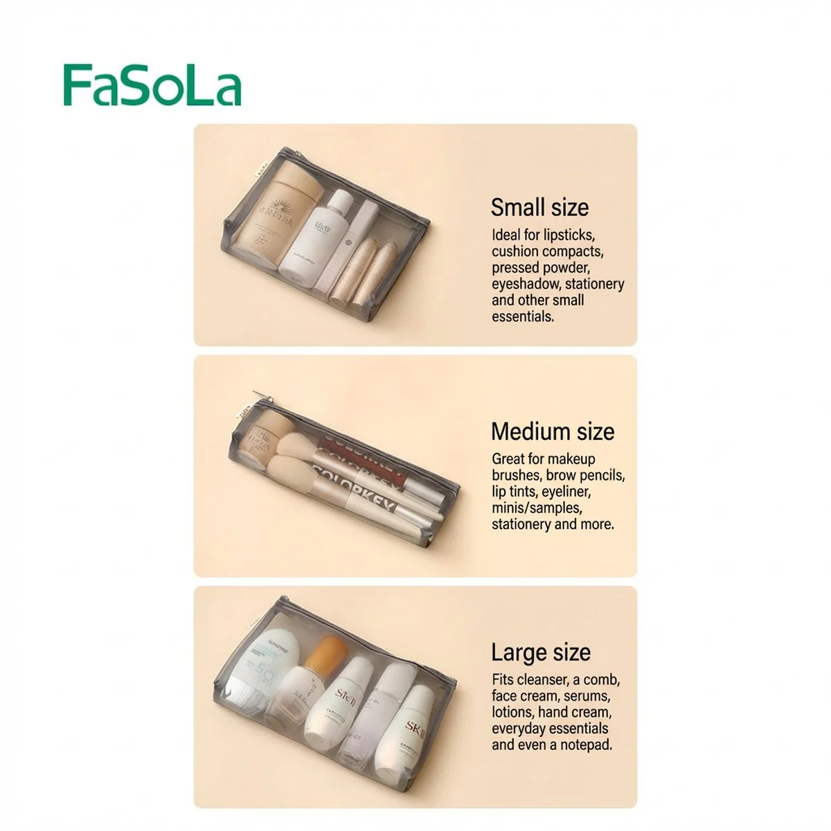FaSoLa Portable Mini Mesh Makeup Bag - Large, Gray, 21*15cm - Image 4
