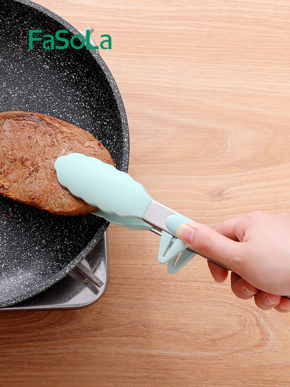 FaSoLa Silicone Food Tongs with Stand - Olive Green - Image 4