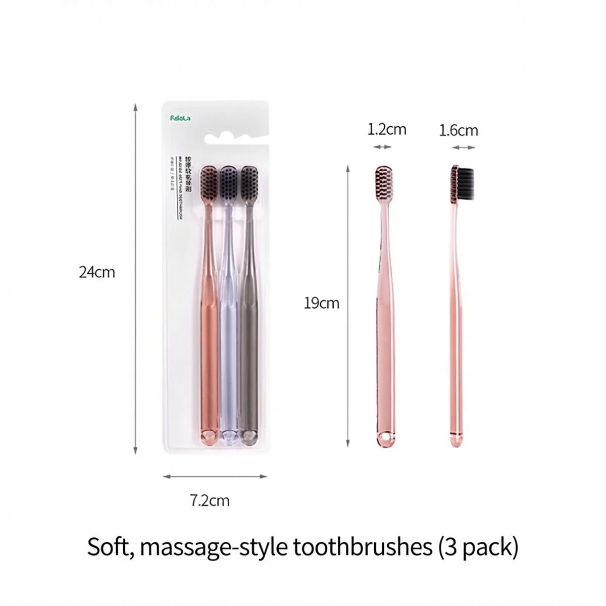 FaSoLa Soft Bristle Massage Toothbrush - Mixed Colors, 3 Pack - Image 5