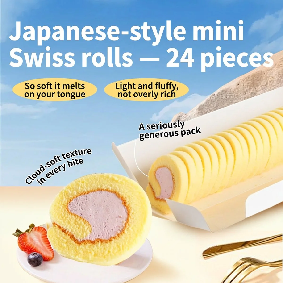 Frozen Japanese-Style Taro Cream Mini Swiss Rolls – 24 Pieces, 200g