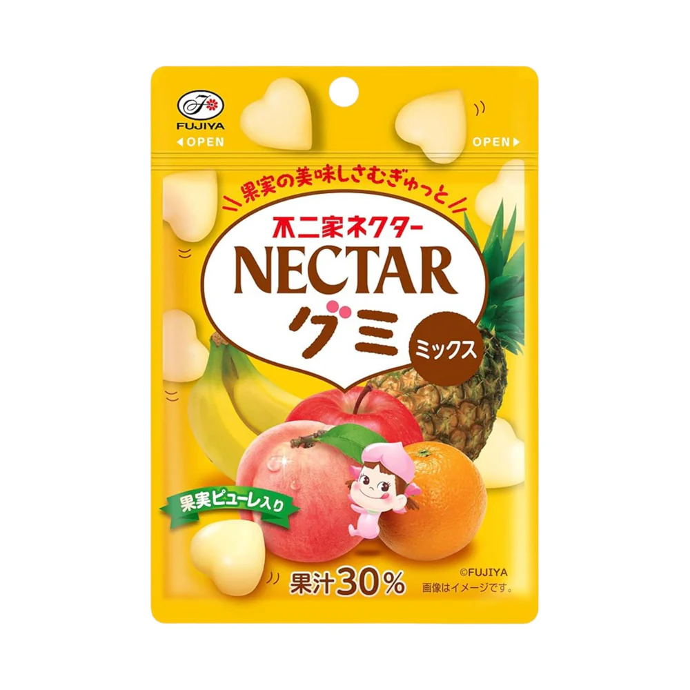 Fujiya Nectar Mixed Fruit Gummies – 48g - Soft Chewy Heart-Shaped Candy with 30% Real Fruit Juice