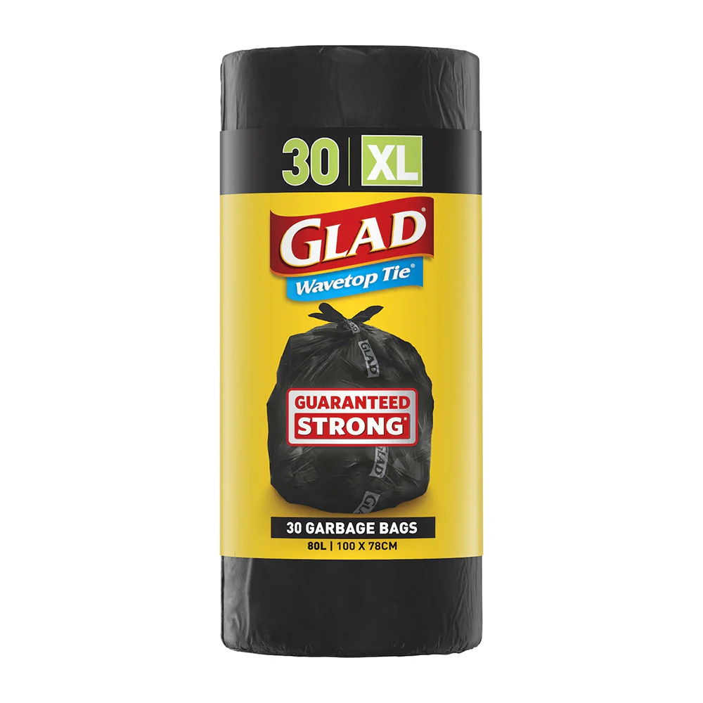 Glad Black Household Garbage Bags - 30 Pack, 80L, 100x78cm