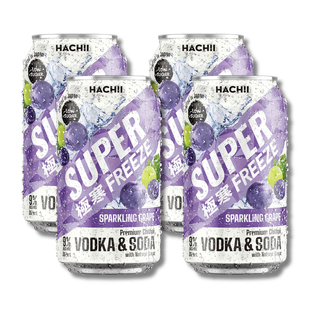 HACHII Super Freeze Low-Sugar Sparkling Grape Vodka & Soda - 9% Alcohol, 350ml (Pack of 4)