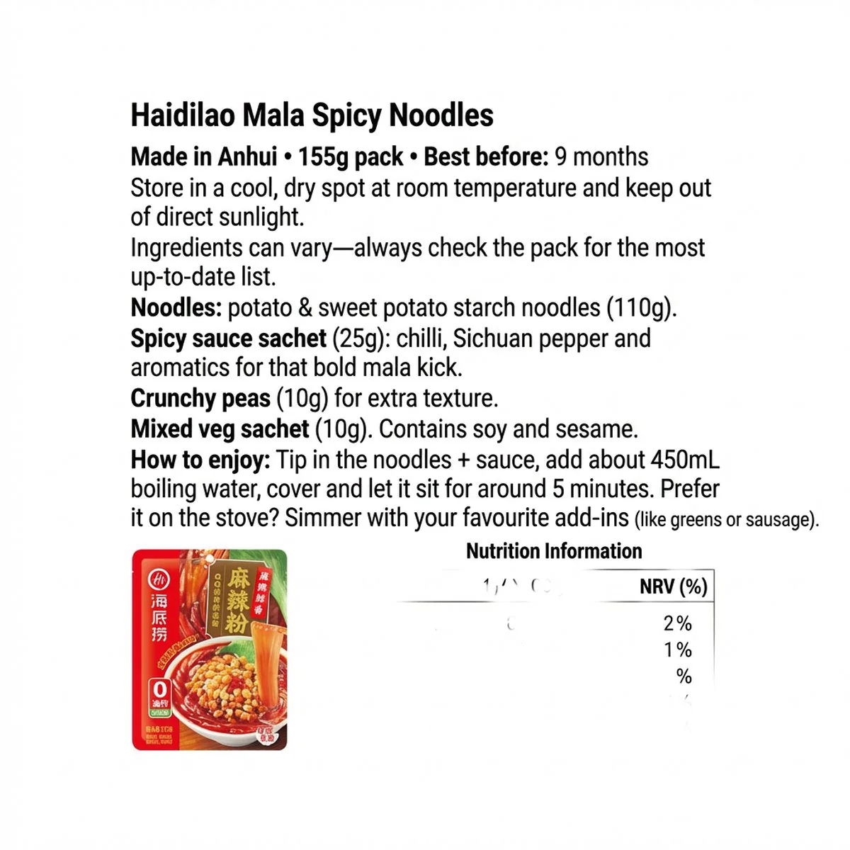 Haidilao Instant Spicy Mala Vermicelli 155g - Glass Noodles - Image 4