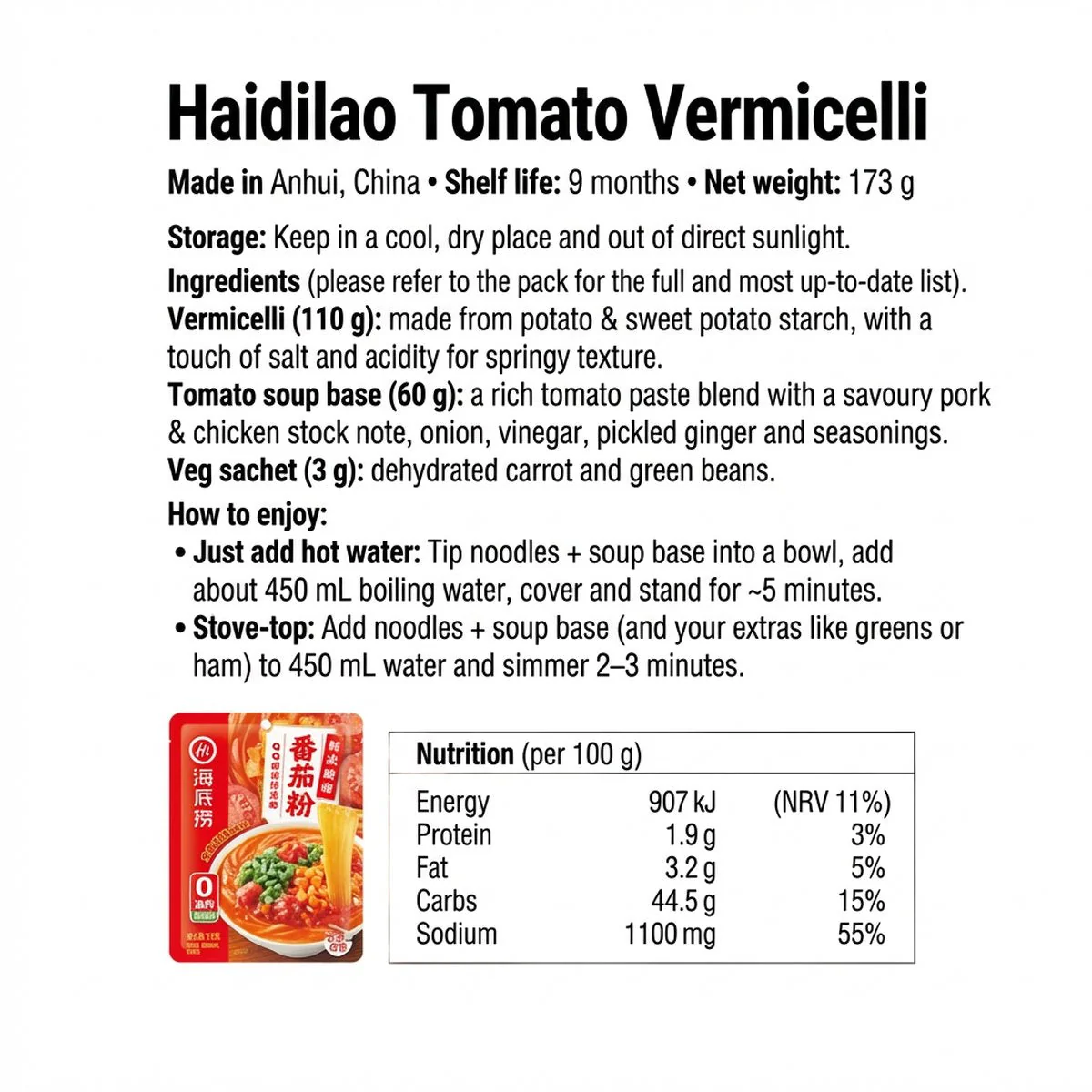 Haidilao Tomato Rice Vermicelli 173g - Instant Tomato Rice Noodles - Image 4