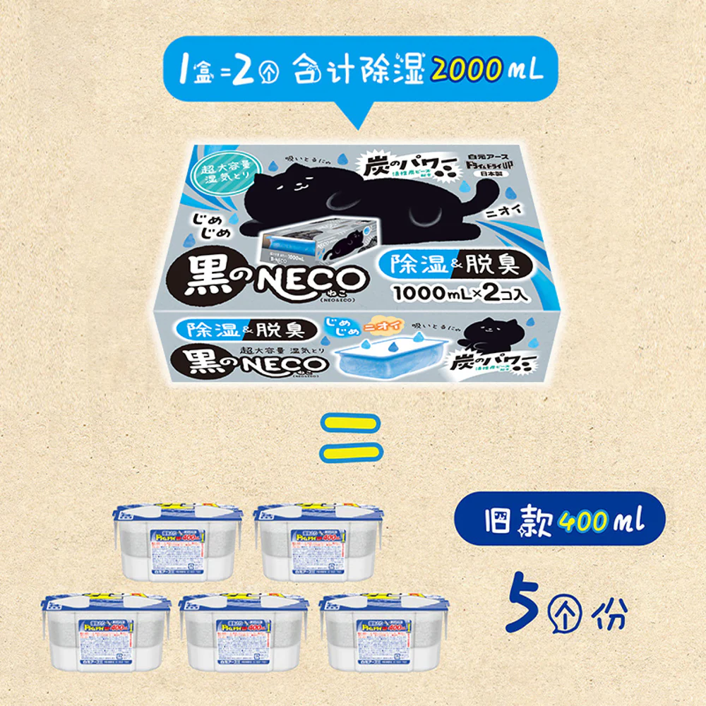 Hakugen Kuro no NECO Charcoal Moisture Absorber & Deodorizer 1000 ml × 2 - for Closets, Wardrobes & Shoe Cabinets - Image 4