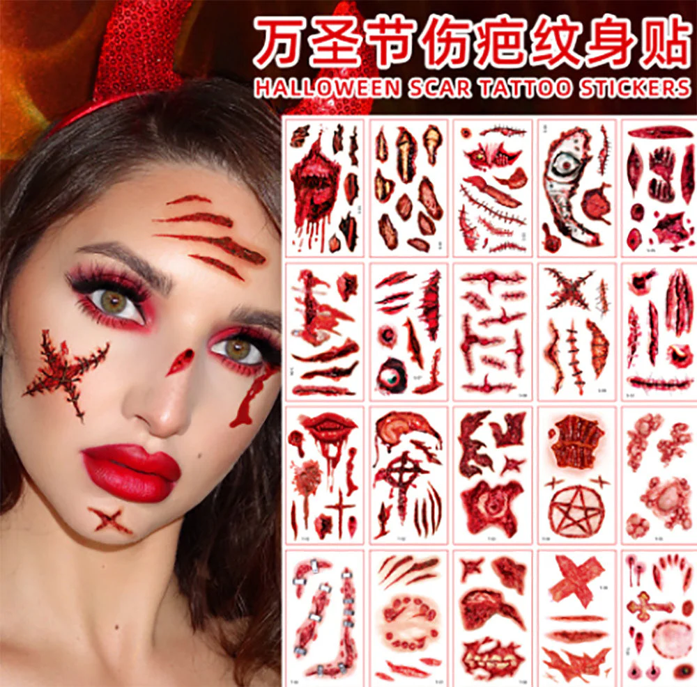 Halloween Realistic Scar Tattoo Stickers - Style A, 10 Sheets X3 - Image 2