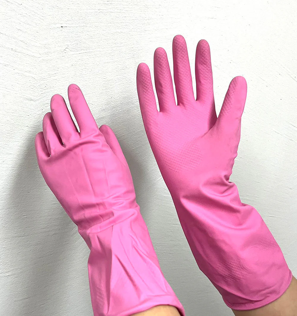 Household Latex Fleece-Lined Gloves - Pink, Size L, 1 Pair X3 - Image 3