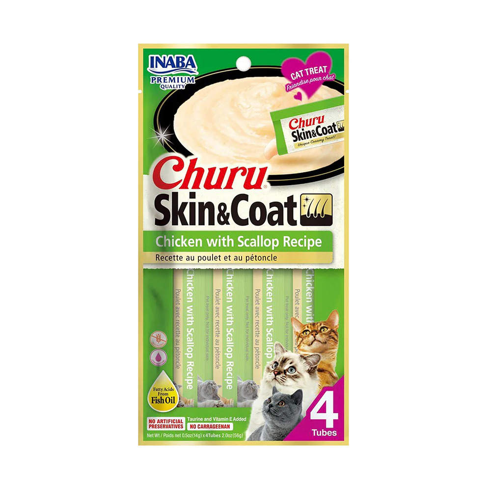 Inaba Churu Skin & Coat Cat Treats Chicken with Scallop Recipe - 14g x 4 Tubes