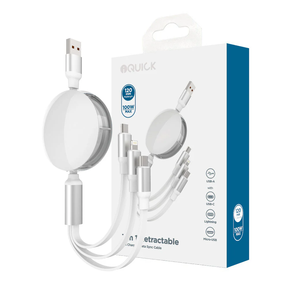 iQuick 3-in-1 Retractable Fast Charging Cable 1.2m - White