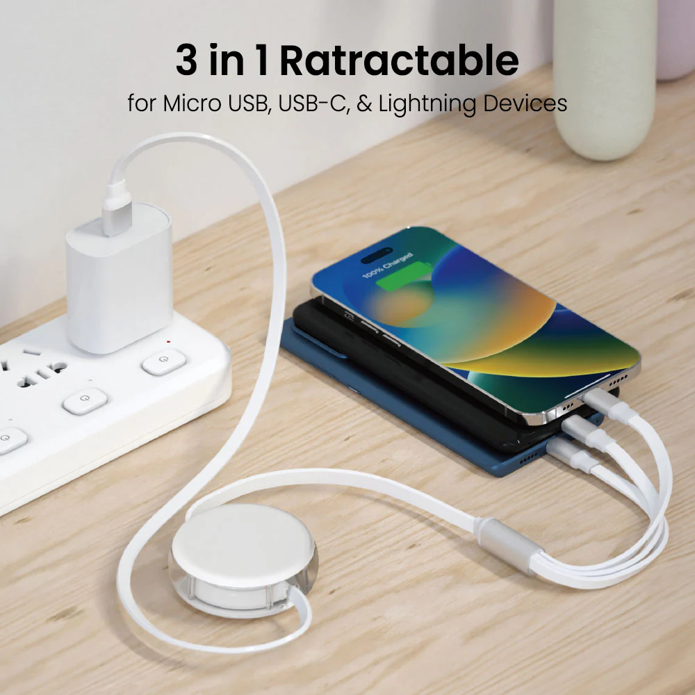 iQuick 3-in-1 Retractable Fast Charging Cable 1.2m - White - Image 2