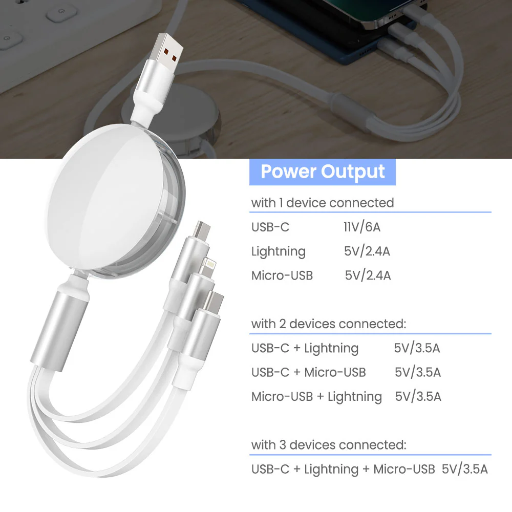 iQuick 3-in-1 Retractable Fast Charging Cable 1.2m - White - Image 3