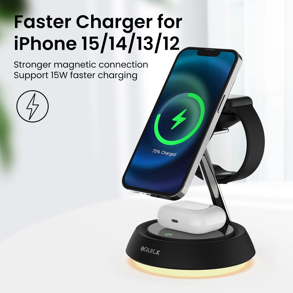 iQuick 3-in-1 Wireless Charging Stand - Black - Image 2