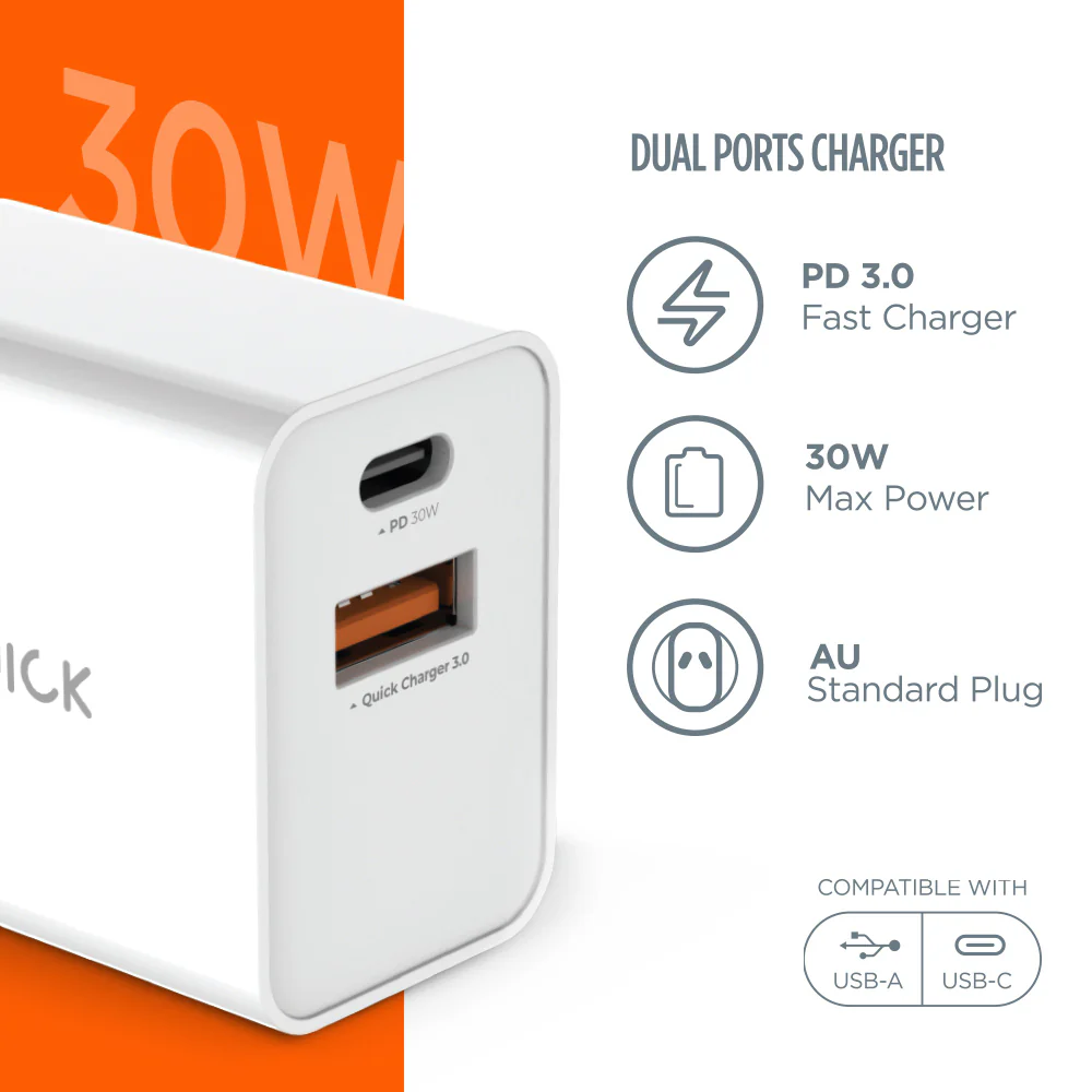 iQuick 30W PD3.0+QC3.0 Dual Port Charger - White - Image 2