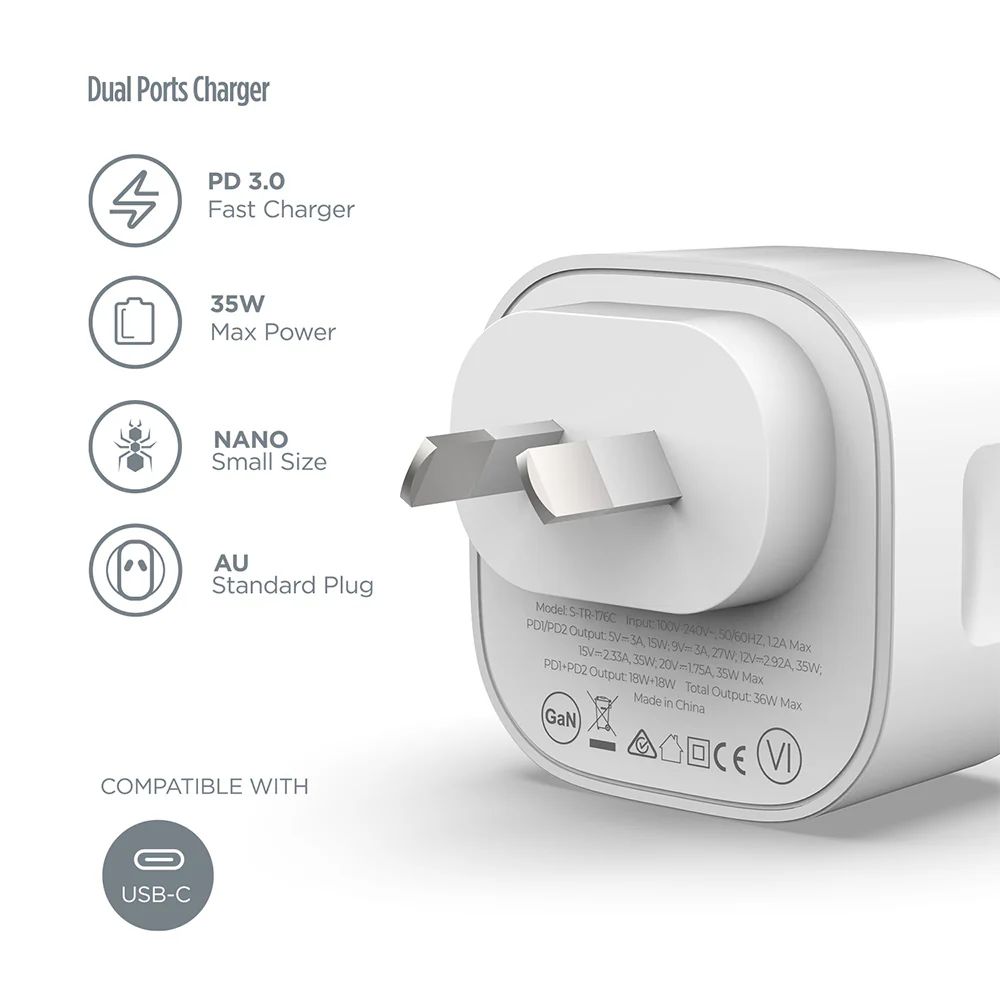 iQuick 35W Dual USB-C Charging Adapter - White - Image 3