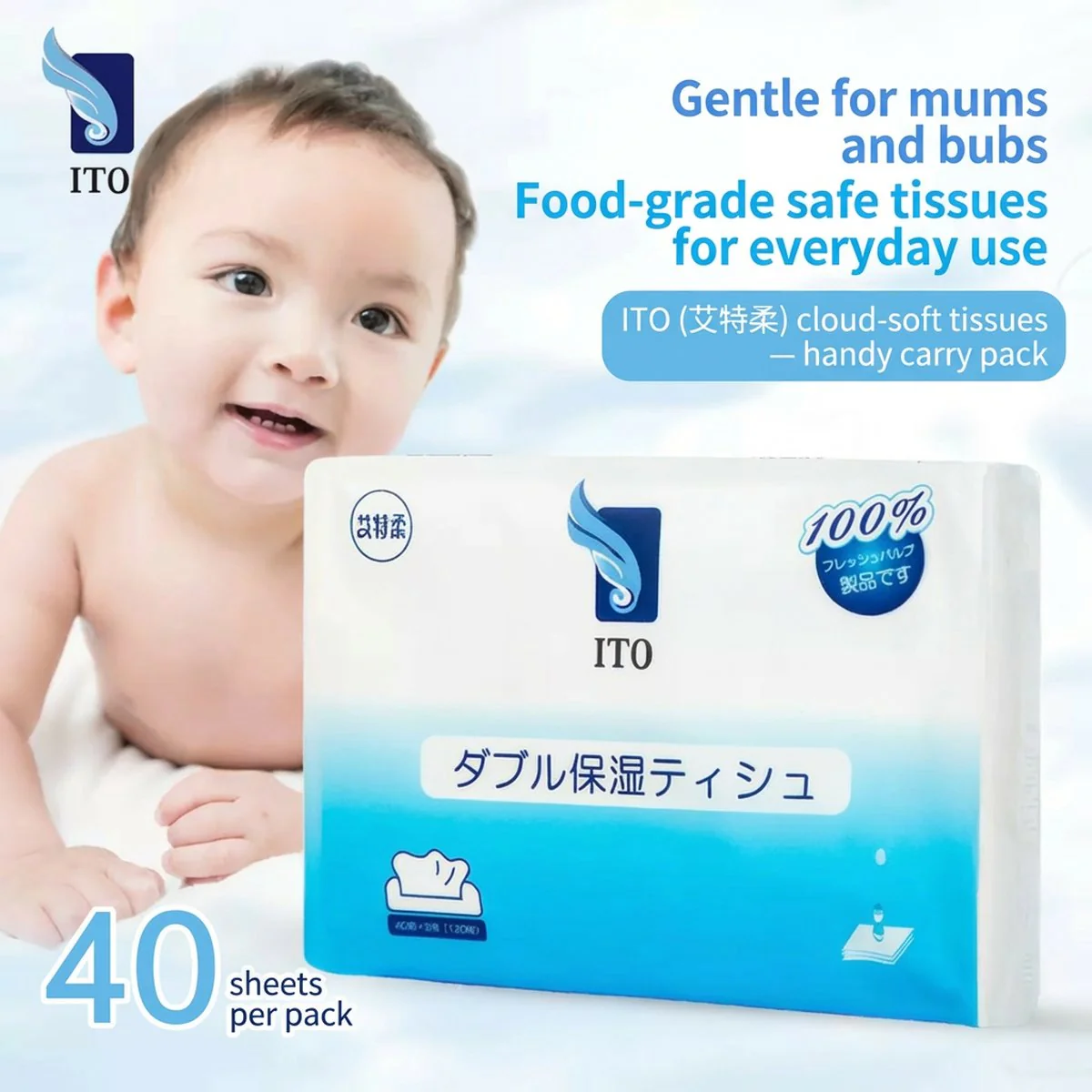 ITO Double Moisturising Cloud-Soft Facial Tissues – 3 Packs x 40 Sheets - Image 2