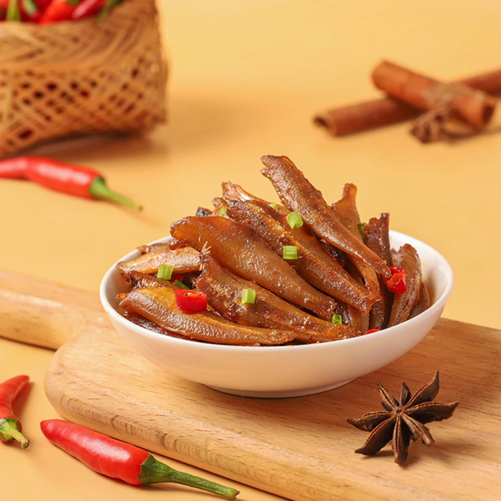 Jinzai Spicy Deep-Sea Mini Fish Snack 110g – Chinese Spicy Seafood Snack - Image 2