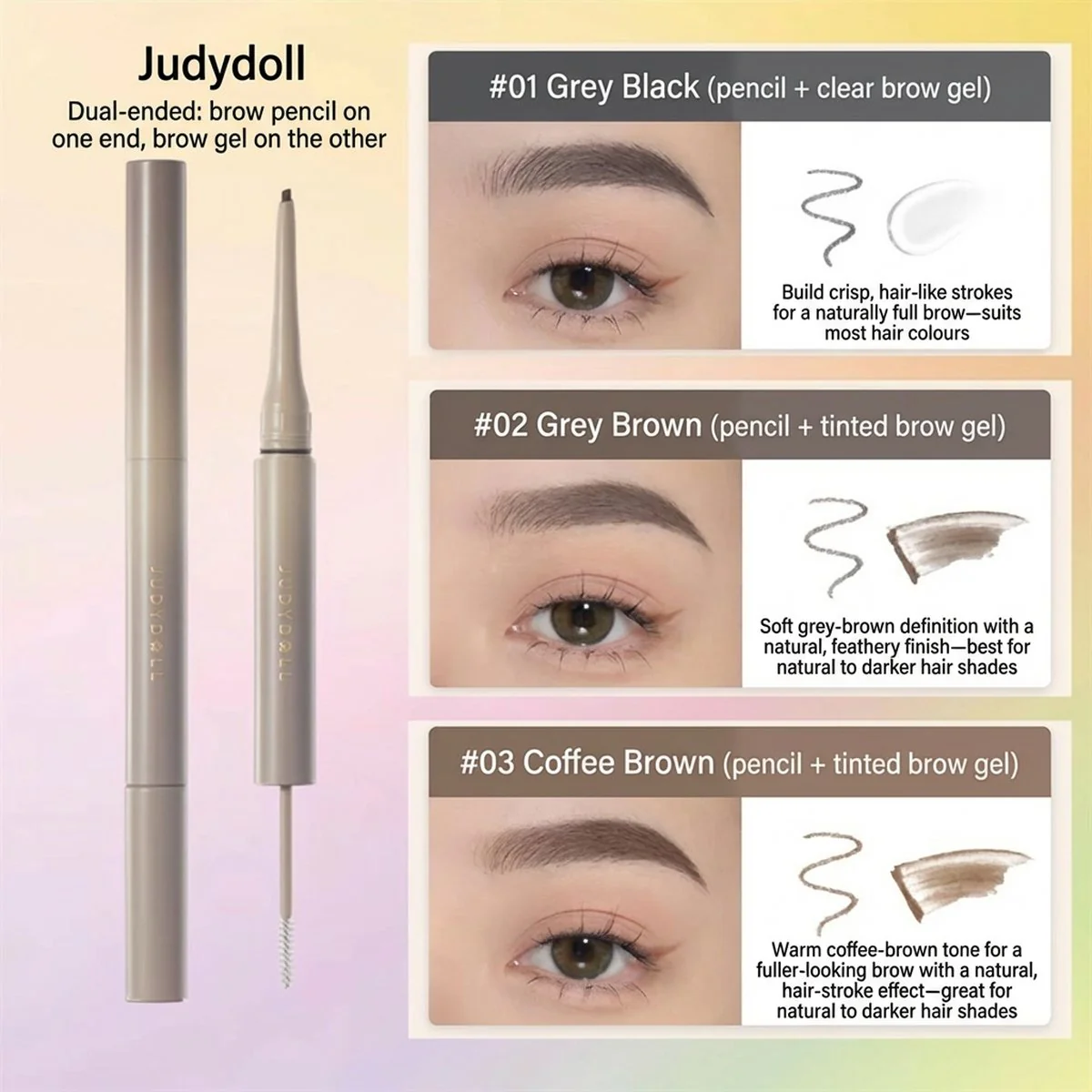 Judydoll Dual-Ended 3D Brow Pencil & Tinted Brow Gel #02 Grey Brown 1.26g - Image 3