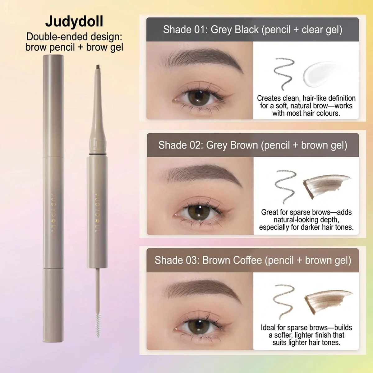 Judydoll Dual-Ended 3D Eyebrow Pencil & Clear Brow Gel #01 Grey Black 1.36g - Image 3