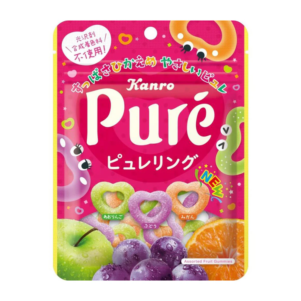 Kanro Puré Heart Ring Assorted Fruit Gummies 63g – Sour Apple, Grape & Mandarin
