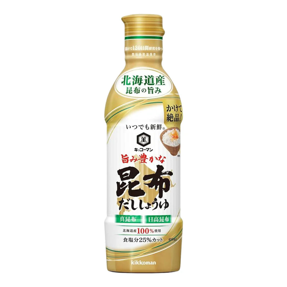 Kikkoman Kombu Dashi Soy Sauce 450ml – Hokkaido Kelp Umami, 25% Less Salt