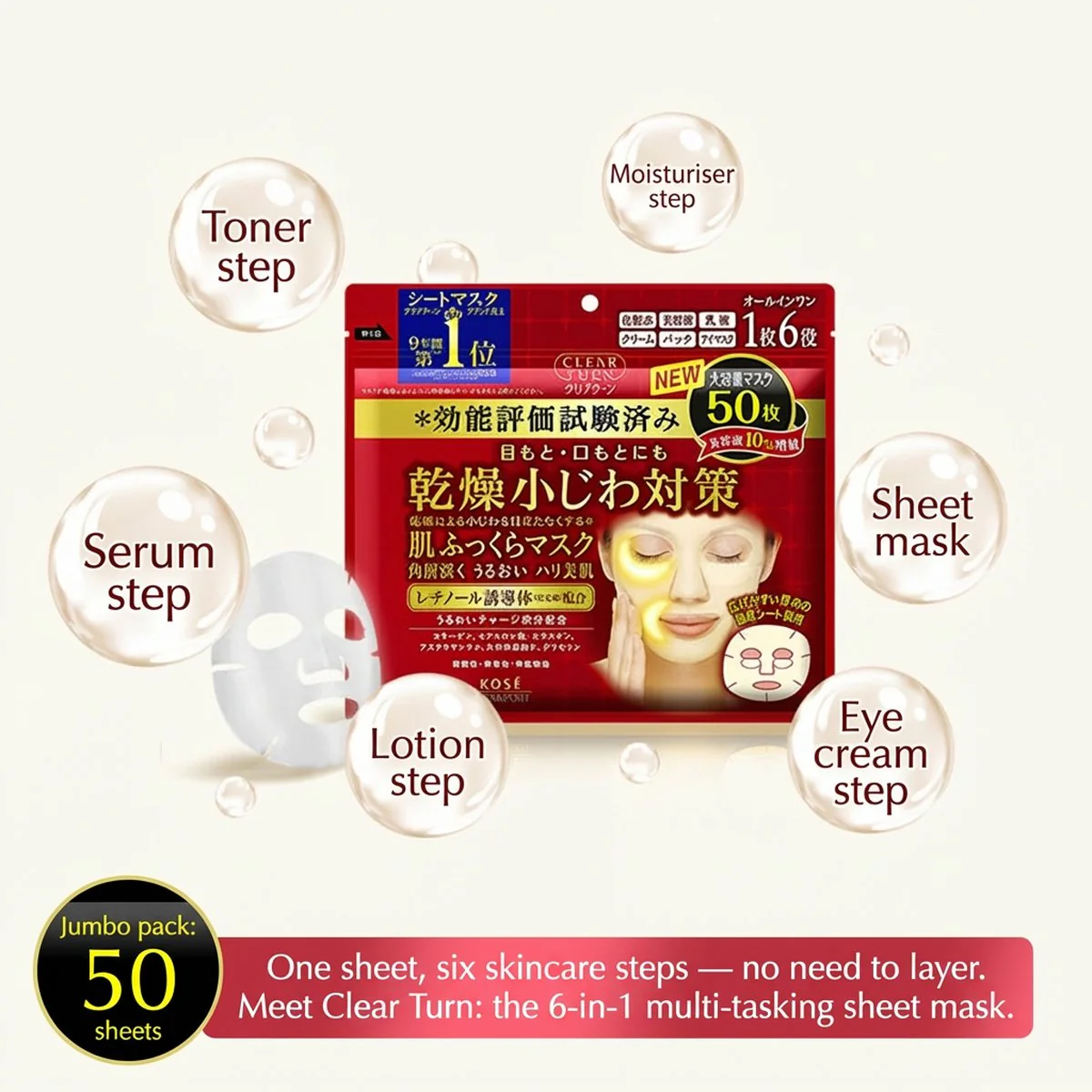 Kose Clear Turn Anti-Dryness Fine Line Face Masks - 50 Sheets - Image 2