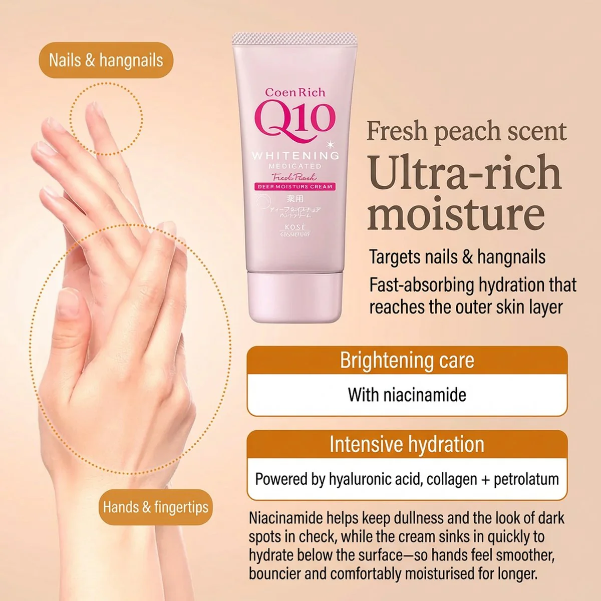 Kose CoenRich Q10 Medicated Whitening Hand Cream – Fresh Peach Deep Moisture, 80g - Image 2