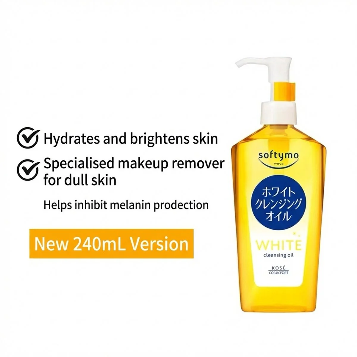 Kose Cosmeport Softymo White Cleansing Oil 240ml – Brightening & Moisturising Makeup Remover - Image 2