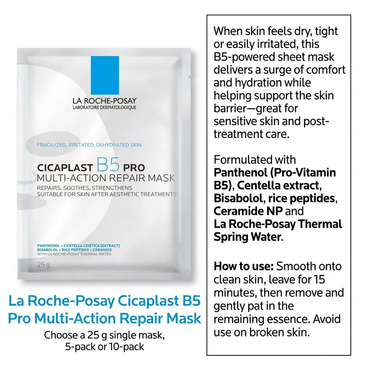 La Roche-Posay Cicaplast B5 Pro Multi-Action Repair Mask – 5 Sheets - Soothing Repair Sheet Masks with Panthenol & Centella - Image 2