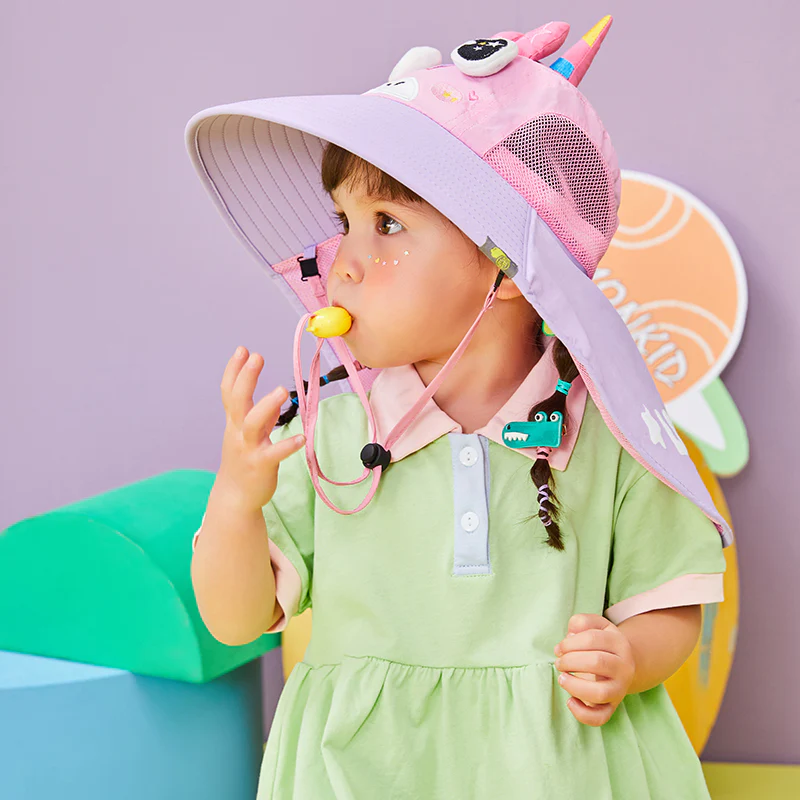 Lemonkid Children's Sun Hat - Castle Purple Unicorn (Small) with Extra Wide Brim & Neck Flap, Includes Whistle - Image 2