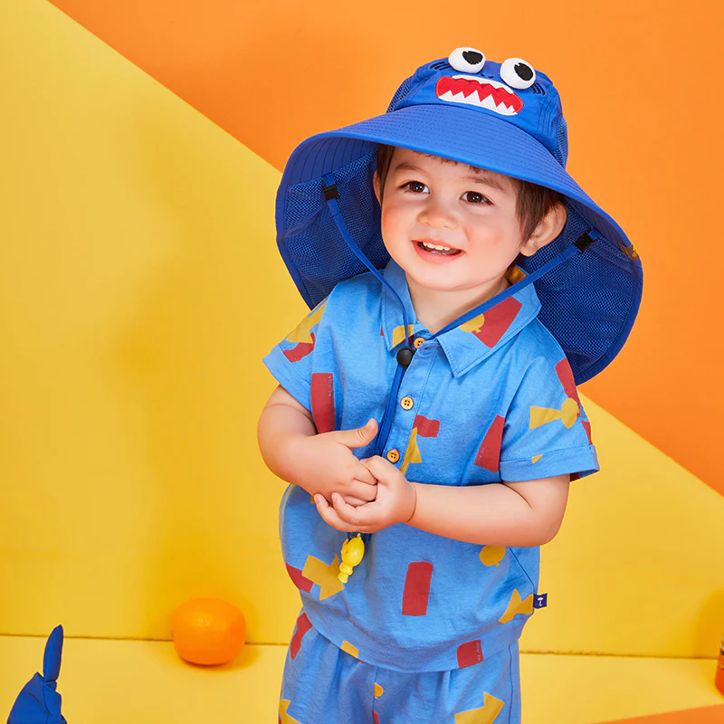 Lemonkid Children's Sun Hat - Ocean Blue Shark (Small) with Extra Wide Brim & Neck Flap, Whistle Included - Image 2