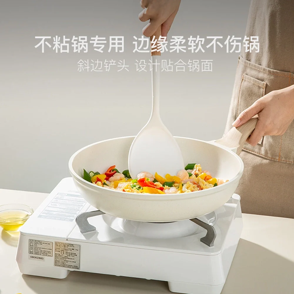 Lifease Wooden Handle Silicone Chinese Spatula - White, Extra Long - Image 2
