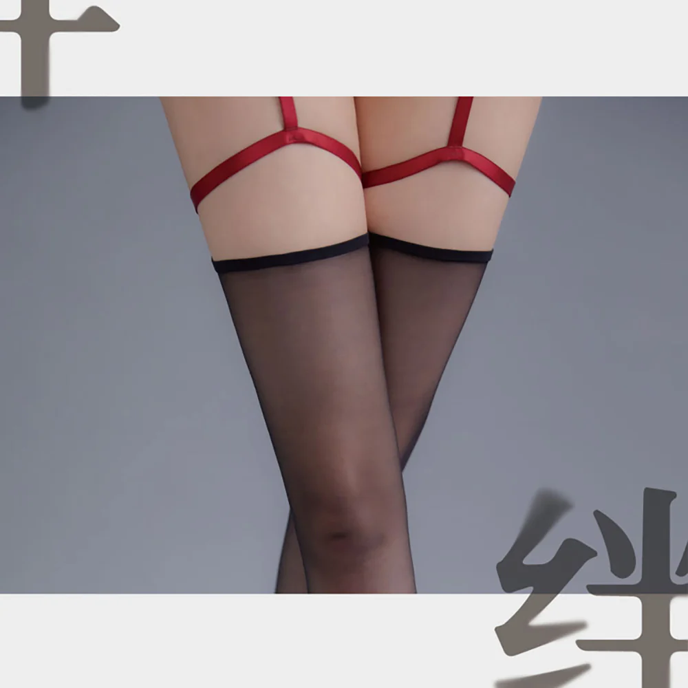 Ling Lingerie Kizuna Series Red and Black Contrast Stockings with Leg Bands - Image 5