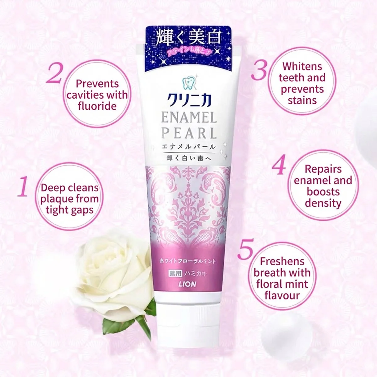 Lion Clinica Enamel Pearl Whitening Enzyme Toothpaste - White Floral Mint 130g - Image 3
