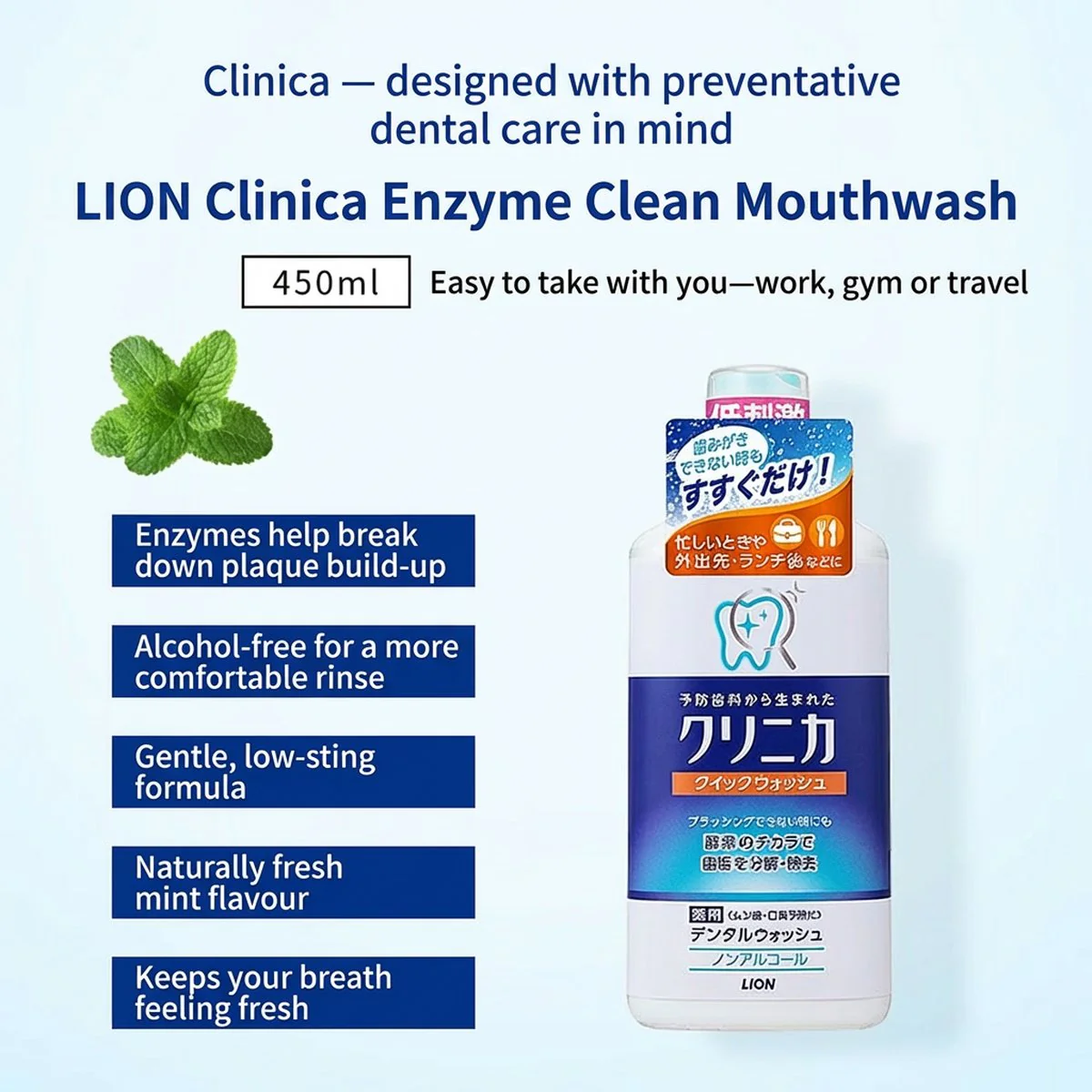 Lion Clinica Enzyme Alcohol-Free Mouthwash 450ml – Fresh Mint